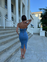 Load image into Gallery viewer, Harper-Mid Denim Strapless Dress
