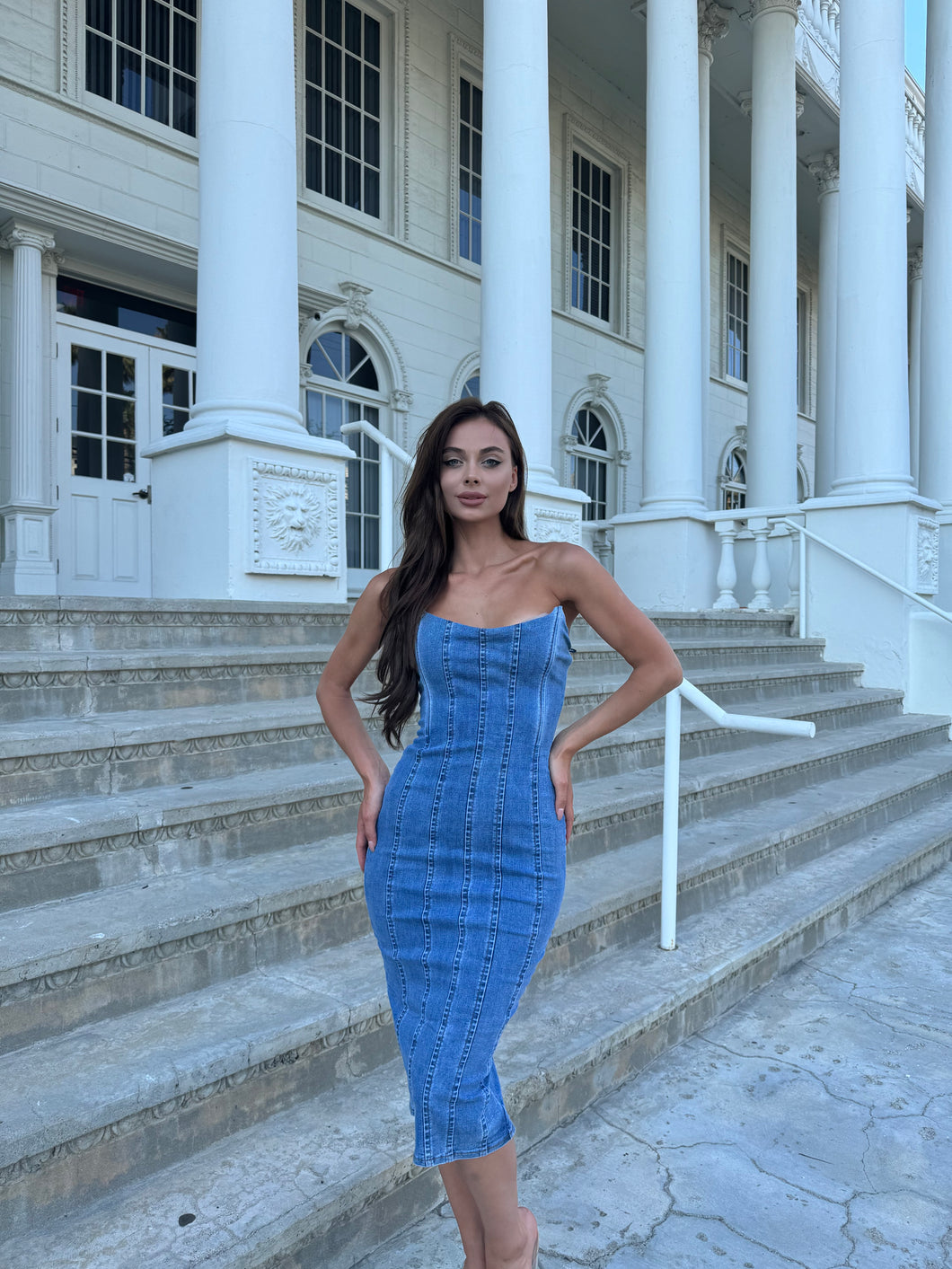 Harper-Mid Denim Strapless Dress